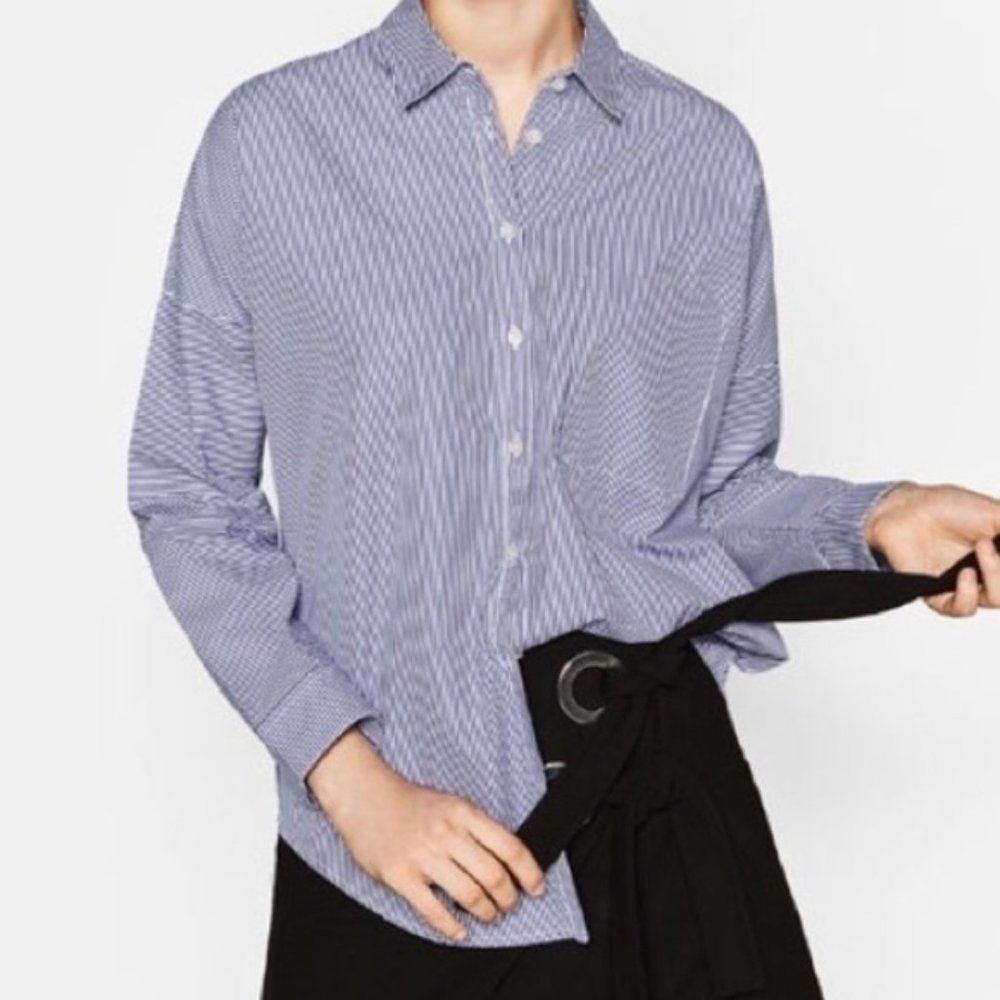 Zara Basic Striped Button Down W/ Floral Blouse - image 2